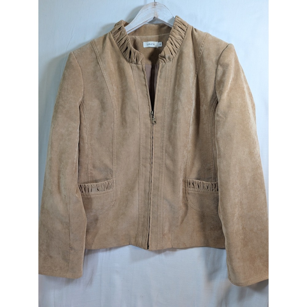 Laura Petites Tan Faux Suede Ruched Collar Zip Front Jacket Size 18